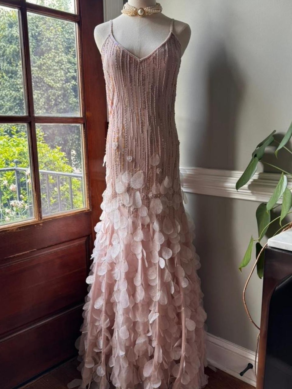 Blush Pink Petal-Trim Maxi Dress with Beaded Straps